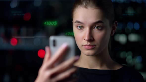 Phone Digital Hologram Bank with Modern Application Displaying Balance Closeup alt