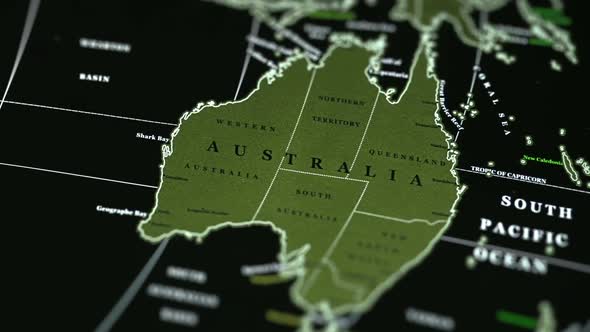 Australia On The Physical World Map On A Black Background.