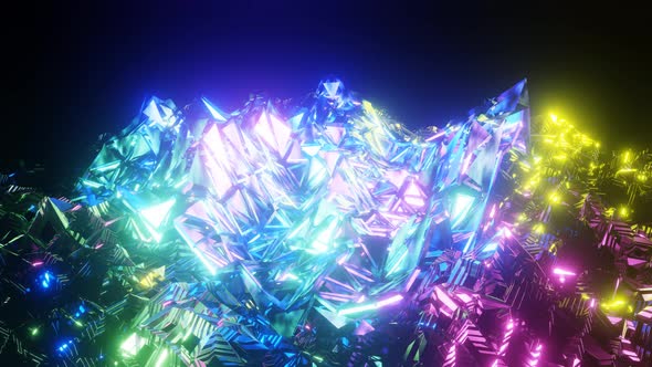 Glowing Specular Sparkling Neon Waving Crystals Like a Mountain Surface