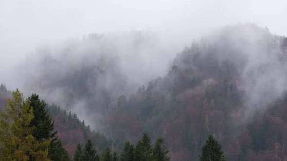 Mystic cloudy and foggy autumn alpine mountain slopes scene. Austrian Lienzer Dolomiten Alps. alt