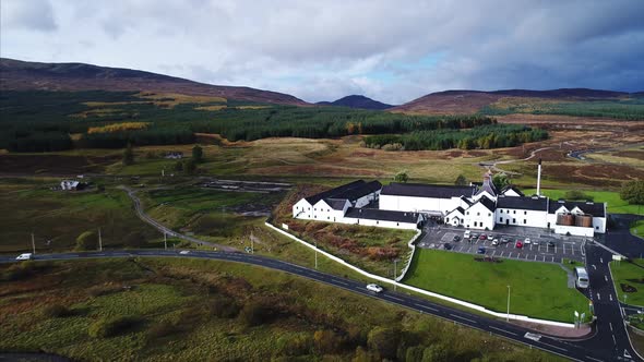 Distillery in Dalwhinnie Scotland Aerial alt