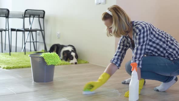 Woman Cleaning Floor After Her Dog