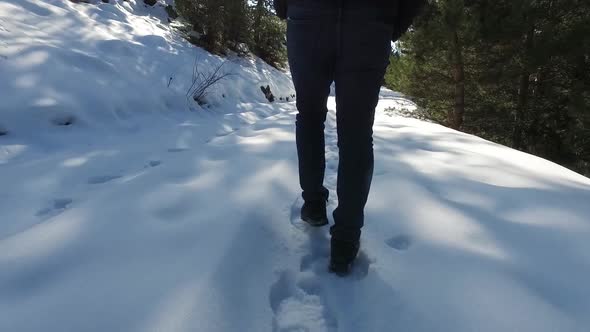 Man walking in snow, foot detail. alt