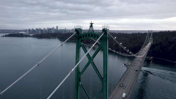 Lions Gate Bridge whit skyscrapers of Vancouver city in background, Canada. Aerial panoramic view alt