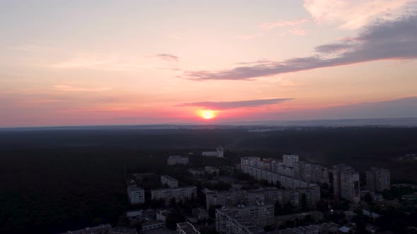 Aerial Kharkiv city, Pavlove Pole district sunrise