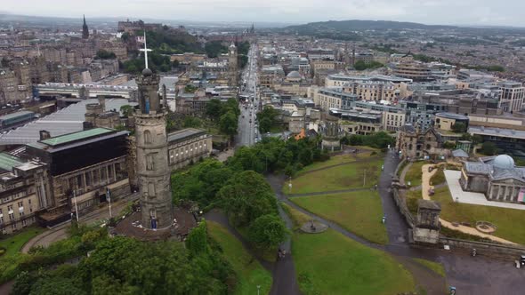 Drone View Around Nelson Monument with a Panorama of Edinburgh in the Morning