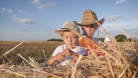 Little Brother and Older Sister Sitting on a Haystack in a Field at Sunset. Children Drink Milk and alt