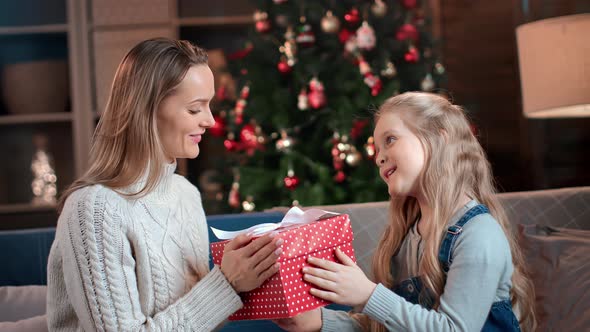 Little Blonde Girl Giving Red Wrapped Gift Box Congrats Mother Winter Holiday at Home Christmas Tree alt