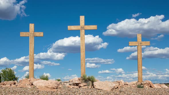 Three Christian Crosses with Cumulus Clouds Timelapse Tight Shot