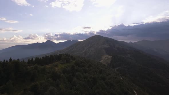 Wood Forest Mountain Summer Sunny Sunset or Sunrise Dawn or Dusk Reveal Aerial Drone Forward Flight