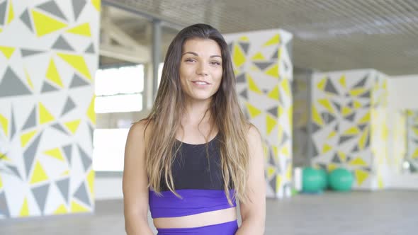 Happy Positive Woman Fitness Tabata Coach Conducts Online Training Class alt