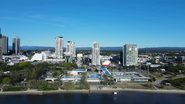 Revealing aerial view of the Gold Coast suburb Southport looking from the Broadwater showing the hig alt