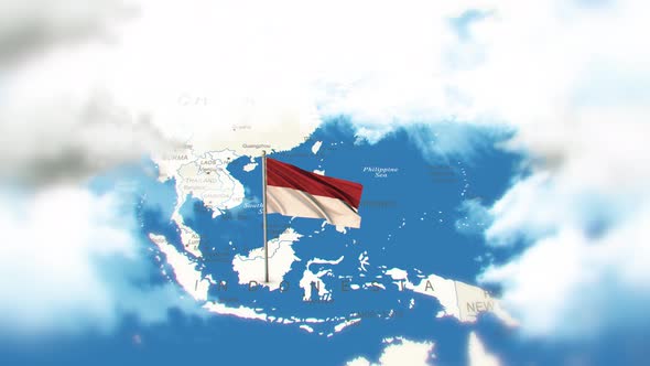 Indonesia Map And Flag With Clouds