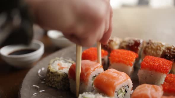 Japanese Sushi Rolls in a Cafe Restaurant