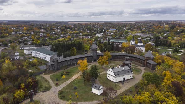 Aerial Panoramic View of Ukraine Wooden Fortress in Baturin. Hyperlapse.