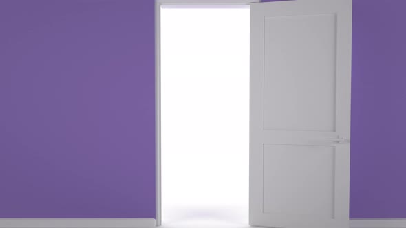 The door closes and a bright light floods the purple room