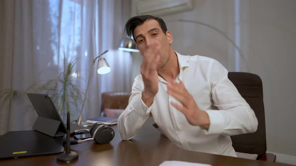 Virtual Conference POV of Satisfied Middle Eastern CEO Clapping and Talking alt