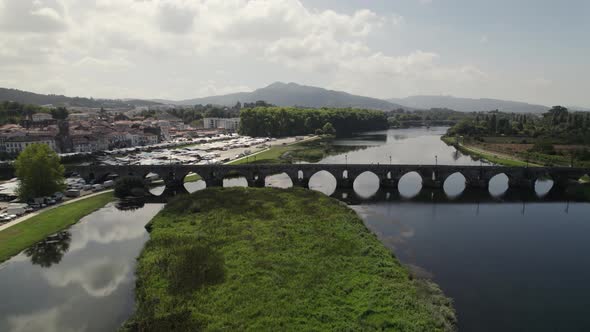 Medieval bridge at Ponte de Lima in Portugal. Aerial reverse
