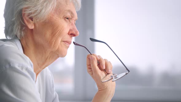 Serious senior businesswoman with short grey hair holds glasses alt