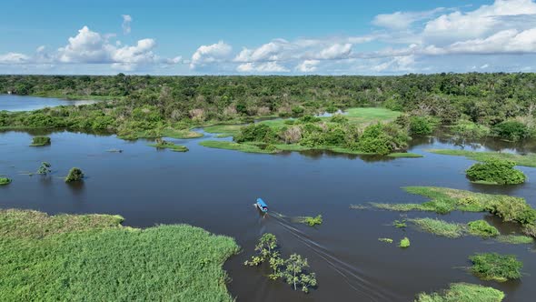Boat sailing at Amazon River at Amazon Rainforest. Manaus Brazil. alt