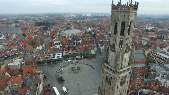 Aerial view of the Belfry of Bruges in Markt Square
