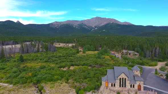 Aerial of Church in the Rocky Mountains of Colorado alt