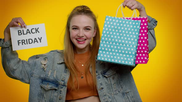 Happy Stylish Girl Showing Black Friday Inscription Banner Text Advertising Discounts Low Prices alt