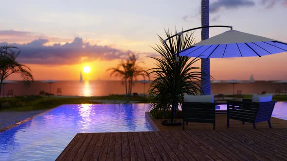 Beach House With Sea View Swimming Pool And Sunset In Backgound