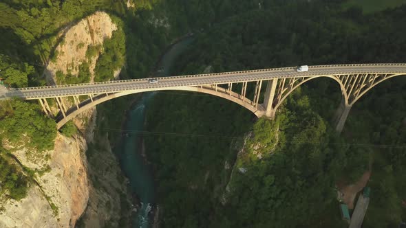 Djurdjevic Bridge Over the Tara River in Northern Montenegro, Aerial Footage