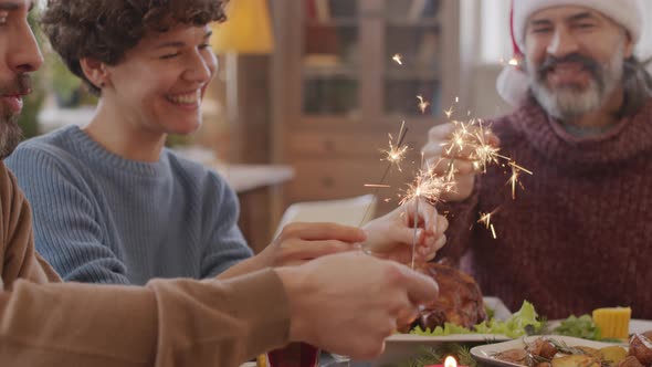 Happy Members of Family Holding Sparklers during Christmas Dinner alt