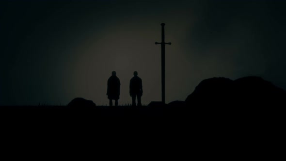 King Arthur And Merlin Looking At Sword Excalibur In A Rock Under A Storm alt