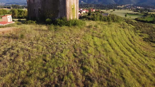Aerial View of Medieval Tower in Lomana Village, Burgos Province, Castilla y Leon, Spain. 