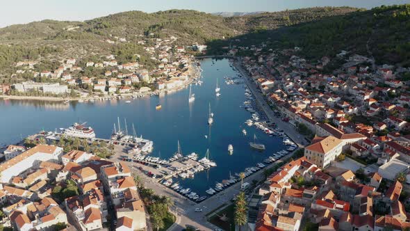 Aerial View of Vela Luka Town on Korcula Island Croatia alt