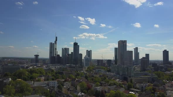 AERIAL: View of Beautiful Frankfurt Am Main Skyline in Blue Sky Sunshine alt