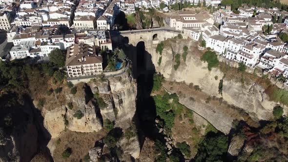 Aerial drone view of The Puente Nuevo in Ronda village on the cliff of the mountain