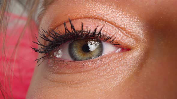 Browneyed Woman with Bright Eye Makeup Looks Past Camera alt