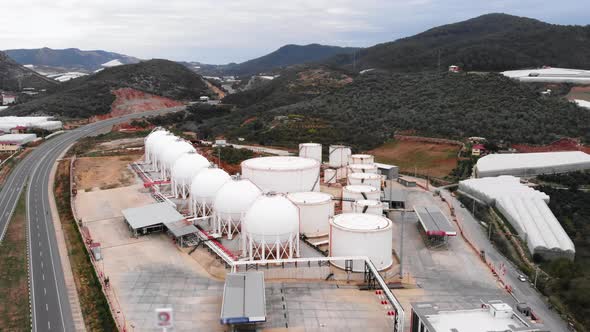 Liquefied petroleum gas tanks. Spherical gas storage tanks in fuel refinery alt
