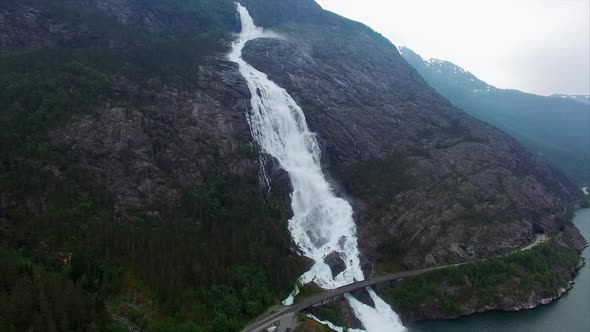 Langfossen waterfalls in Norway, aerial footage alt
