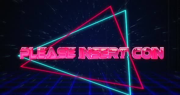 Retro Please Insert Coin text glitching over blue and red triangles on white hyperspace effect alt