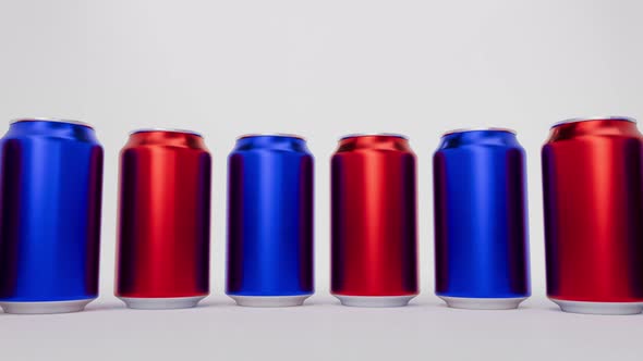 Looping Red and Blue 3D Aluminum Cans Rotating Carousel over White Background