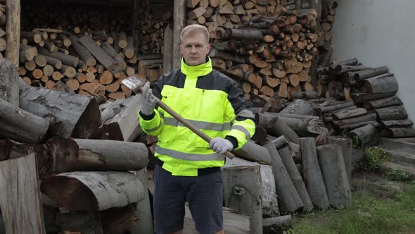 Lumberjack in Reflective Jacket. Man Woodcutter with Big Axe. Sawn Logs, Firewood Background alt