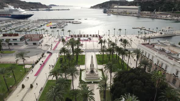 Promenade and seascape at Cartagena touristic port, Spain. Aerial forward