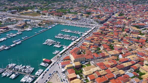 Lefkada, Greece. Aerial view of Lefkada town and marina on the Ionian island. Sailboats in the harbo alt