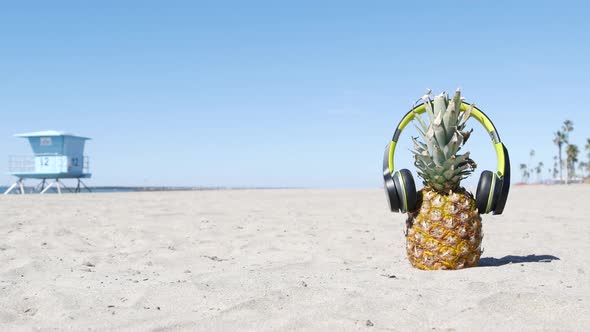 Pineapple in Headphones Sandy Ocean Beach Coast