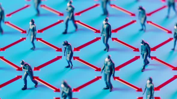 Social distancing. Arrows between men show a safe distance. COVID protection. alt