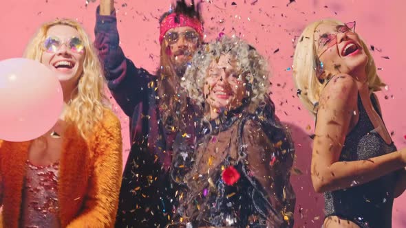 Group Young People Dancing, Have Fun Together at Party Against Pink Background alt