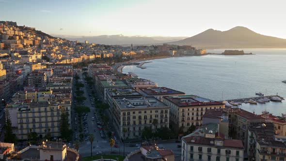 Splendid Panorama of Morning Naples, Italy. Cars Going the Streets of the City, Boats Are Docked at alt