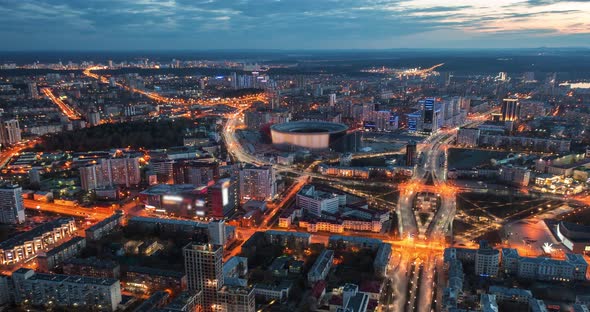 City Yekaterinburg at Evening From Above Hyperlapse Drone View Car Traffic Flow alt