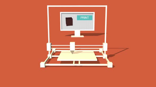 Simple Animation of Printing a plant box with a 3D Printer. Red Background. alt