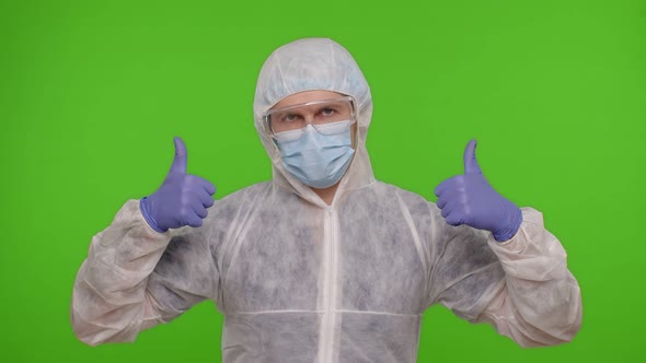 Medical Doctor Showing Thumbs Up Sign Like Gesture Satisfied with Successful Defeating Coronavirus alt